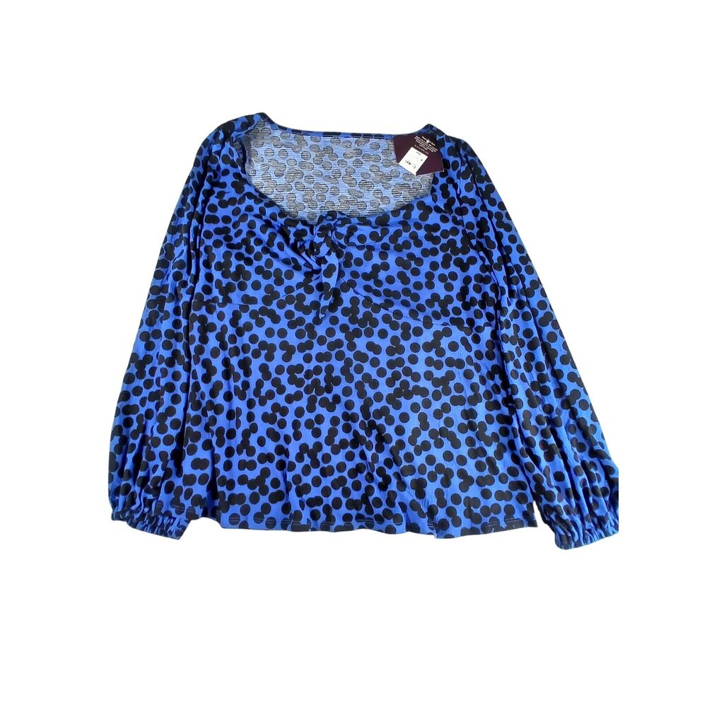 Ava & Viv Shirt Women XXL 2XL Blue Polka Dot Peasant Blouse Long Sleeve Knot NWT